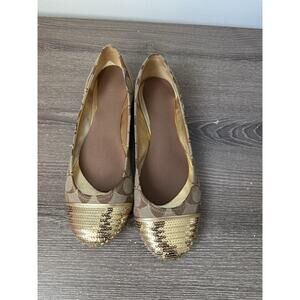 COACH Shine Signature Logo Classic Gold Sequin Toe Flats Size 8.5 Women